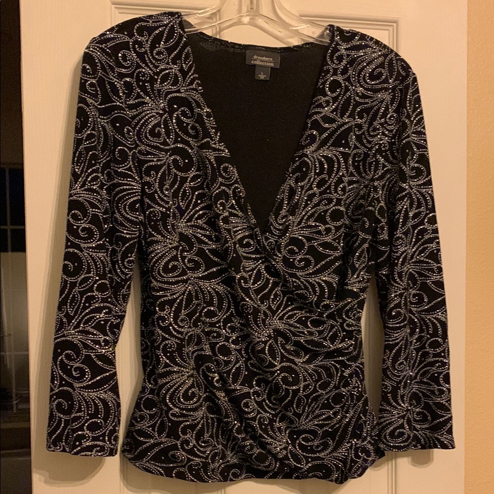 Black and Gray Wrap Blouse with V-Neckline